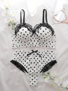 2pcs Plus Size Bra Set With Molded Cup, Underwire, Mesh Inset, Ruffle Trim, Bow Accent, Lift & Enhance, Polka Dot Pattern  Cozy And Elegant Details