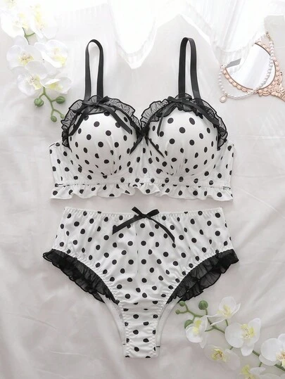 2pcs Plus Size Bra Set With Molded Cup, Underwire, Mesh Inset, Ruffle Trim, Bow Accent, Lift & Enhance, Polka Dot Pattern  Cozy And Elegant Details
