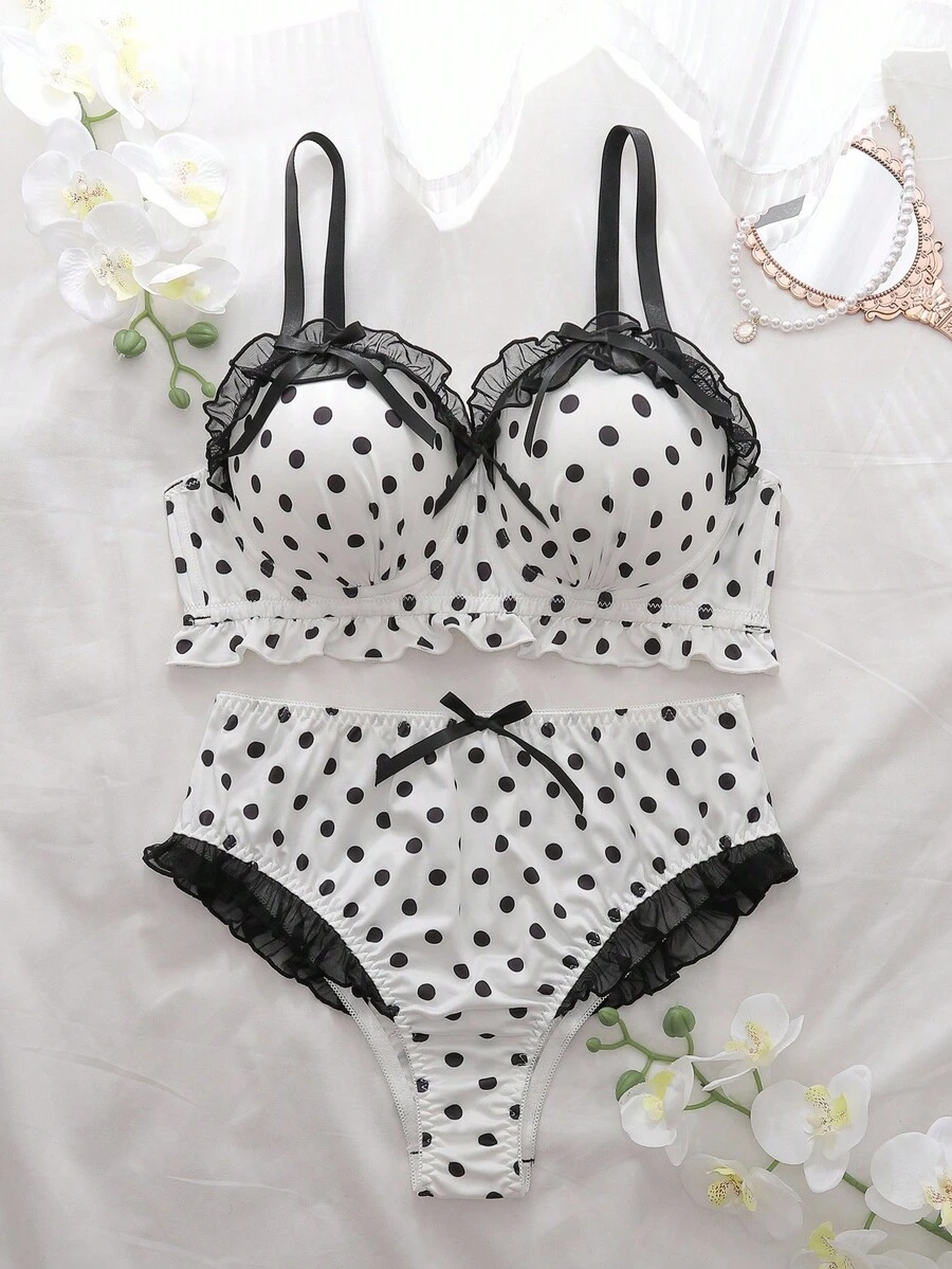2pcs Plus Size Bra Set With Molded Cup, Underwire, Mesh Inset, Ruffle Trim, Bow Accent, Lift & Enhance, Polka Dot Pattern  Cozy And Elegant Details