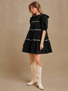 WESTFADE Contrast Trim Mock Neck Ruffle Short Sleeve Tiered 100% Textured Cotton Mini Dress Cute Fall Clothes, Casual Cowgirl, Fall, Autumn, Boho, Winter, Country Concert Outfit, Western Wear For Women - Black - View 5