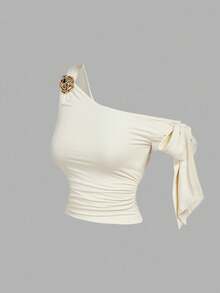 SHEIN MOD 2件不对称蝴蝶金属3D花朵装饰女式衬衫 - 彩色 - 查看 7