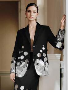 Anewsta Áo khoác Blazer đính cườm và sequin thủ công thanh lịch, phù hợp cho việc đi lại hàng ngày, mùa xuân/thu - màu đen - Xem 5