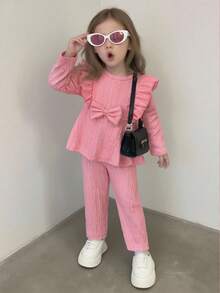 Girls Casual Elegant Daily Round Neck Raglan Long Sleeve Ruffle Waist Bow Textured Fabric T-Shirt With Elastic Waist Solid Color Pants Set, Suitable For All Seasons Fall Winter - Pink - View 1