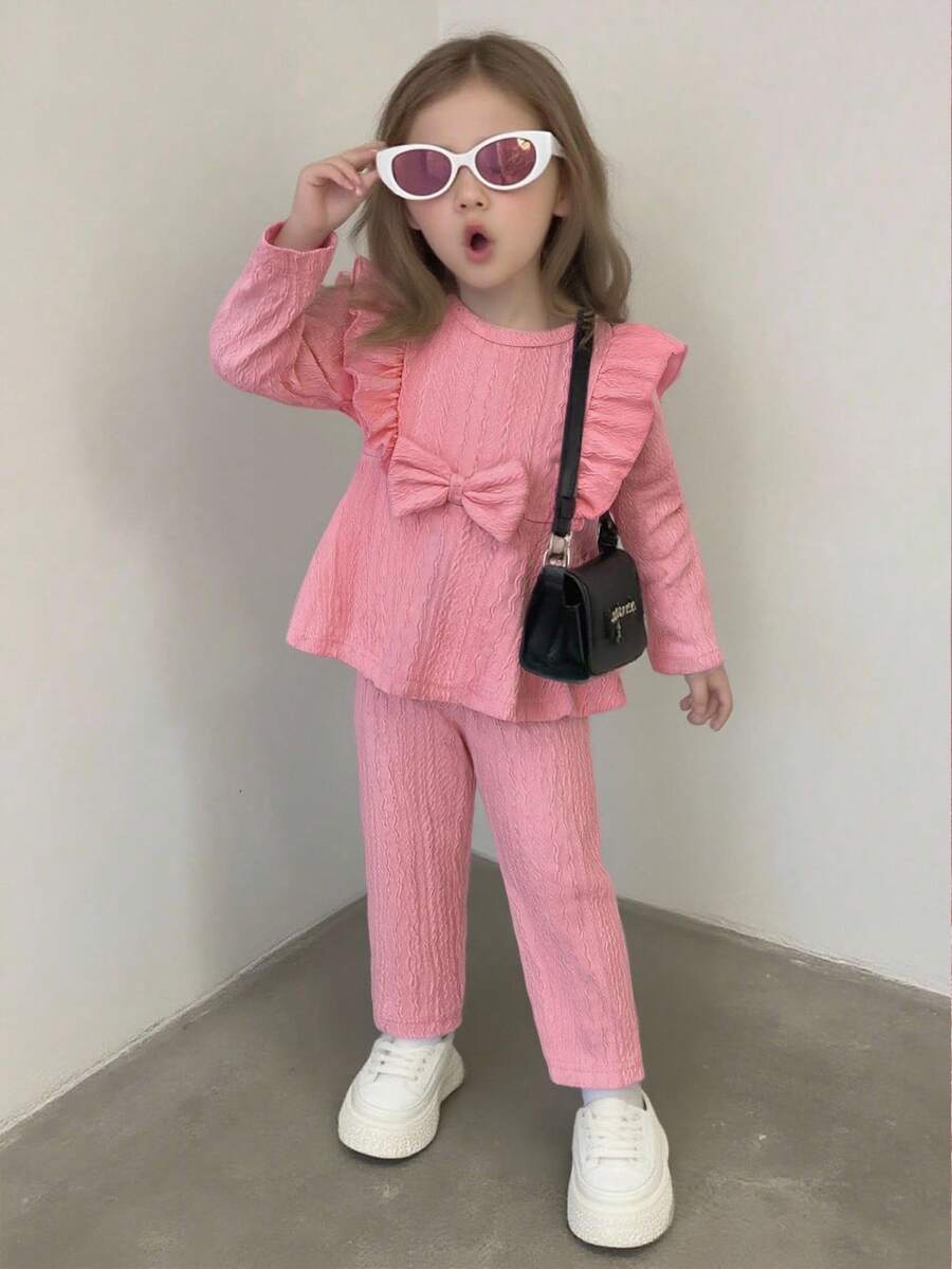 Girls Casual Elegant Daily Round Neck Raglan Long Sleeve Ruffle Waist Bow Textured Fabric T-Shirt With Elastic Waist Solid Color Pants Set, Suitable For All Seasons Fall Winter - Pink - View 1