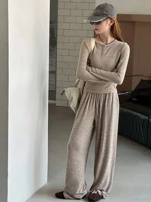 DAZY 2 件套青少年女孩休闲直筒裤和 T 恤套装，舒适简约，秋季 - 灰色 - 查看 4