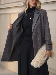 Solivie 秋冬女士纯色双排扣优雅长袖大衣 - 咖啡棕 - 查看 7