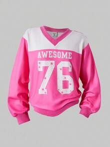 SHEIN Explorewe Streecool Tween Girls V-Neck Sweatshirt With Numeric Print, Fashionable For Sports, Campus Style, Versatile Casual Everyday Wear, Autumn Fall Winter - Pink - View 3
