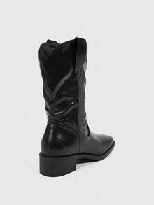 Daringsoles 新款复古方头中跟短靴，百搭弹性后拉链踝靴，女士款，秋/春季 - 黑色 - 查看 5