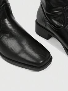 Daringsoles 新款复古方头中跟短靴，百搭弹性后拉链踝靴，女士款，秋/春季 - 黑色 - 查看 7