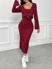 2pcs Set Elegant Beaded Decor V-Neck Long Sleeve Top & Fitted Knit Maxi Skirt, Stylish Outfit For Teens & Young Women, Spring/Autumn Fall Winter - Burgundy - View 7
