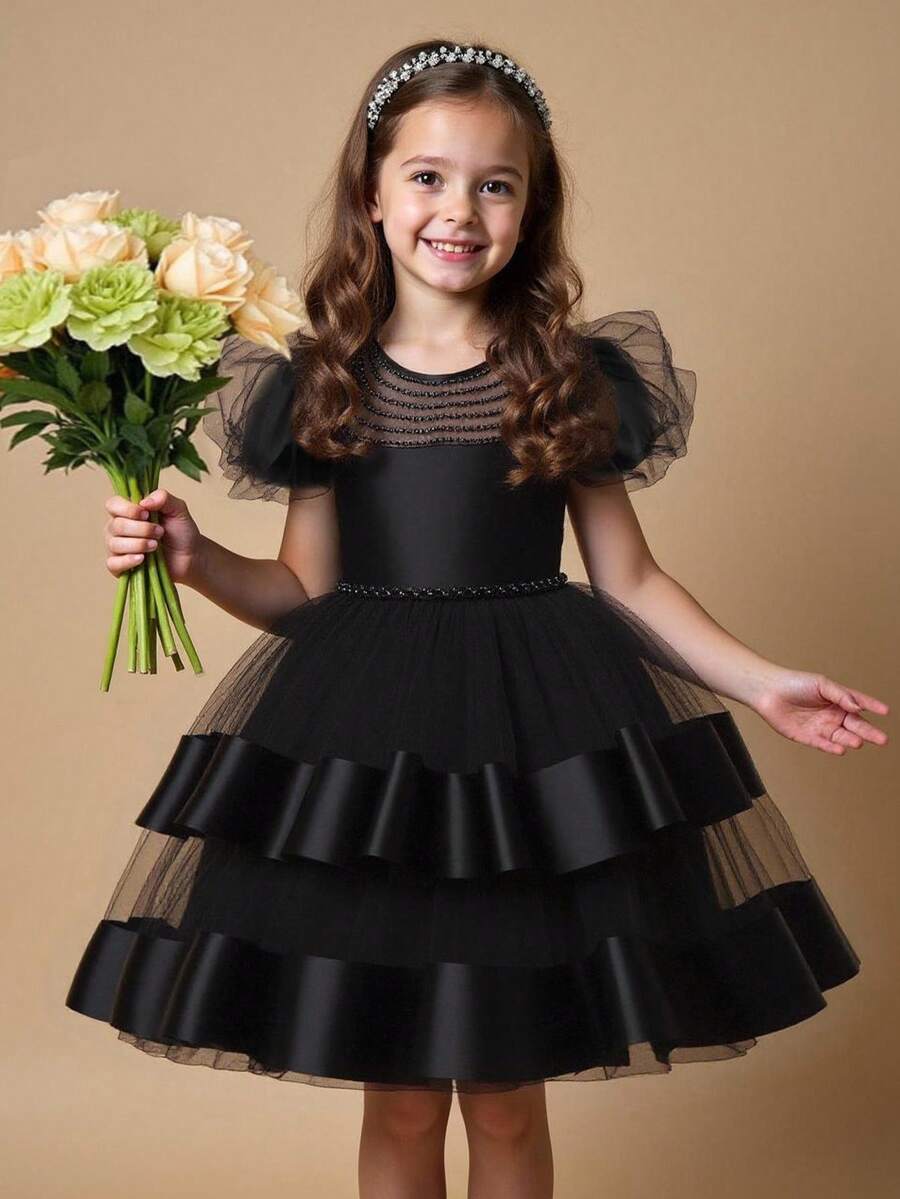Glamorique Kids 女童黑色泡泡袖串珠多层薄纱缎面公主裙，适合正式场合、表演、生日派对、秋冬走秀公主/圣诞派对，以及秋冬度假派对。