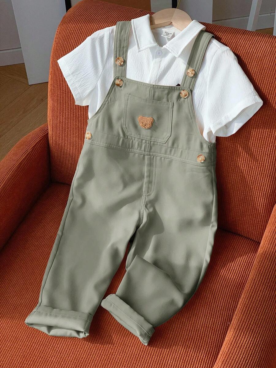 Young Boys' Casual Comfortable Versatile Cute Bear Logo Graphic Bib Overall Pants Fall Winter