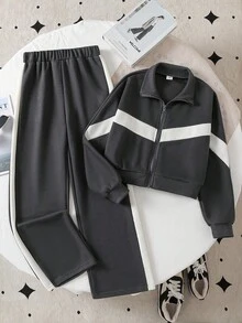 2件套青少年女孩休闲长袖上衣和宽松裤子套装 - 彩色 - 查看 1