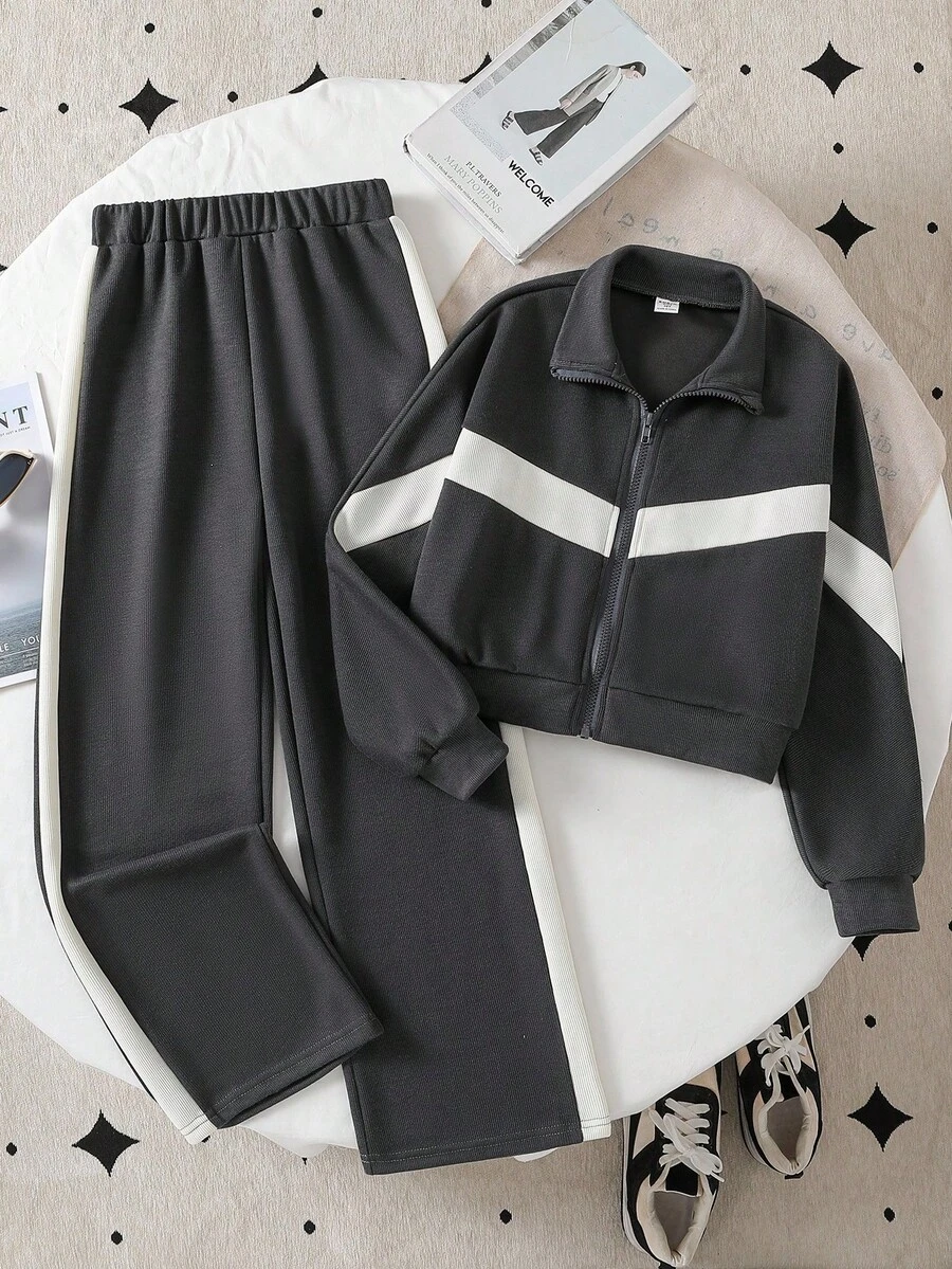 2件套青少年女孩休闲长袖上衣和宽松裤子套装 - 彩色 - 查看 1