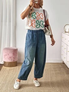 EMERY ROSE 女式松紧腰口袋喇叭宽松牛仔裤 - 藍色 - 查看 4