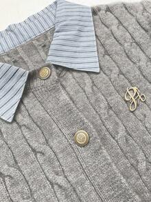 Chiquease 时尚博主风二合一拼布针织短款开衫，欧美风 - 淺灰色 - 查看 4