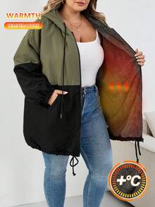 SHEIN CURVE+ Plus Size Women's Contrast Color Hooded Loose Jacket For Autumn And Winter Fall/Autumn /Winter - Multicolor - View 3