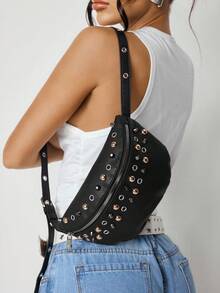 SHEIN SXY Bolso de pecho, bolso de cintura, bolso de hombro para mujer, en color dorado, plateado, negro mate, con remaches, cool, de moda, de calle, sencillo, personalizado, versátil, para citas, uso diario, compras, té de la tarde