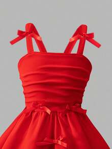 SHEIN Vestido de gasa maxi para niña preadolescente con elegante lazo 3D de unicolor, tirantes fruncidos, adecuado para fiestas y eventos, nueva llegada primavera/verano - Rojo - Ver 9