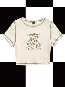 Y2Kool MsChibious Artist Girlcore 撞色针脚字母和卡通图案上衣 T 恤，适合夏季，93% 纯棉，节日、度假、春季、外出、节日，适合伊比沙岛 - 米色 - 查看 6