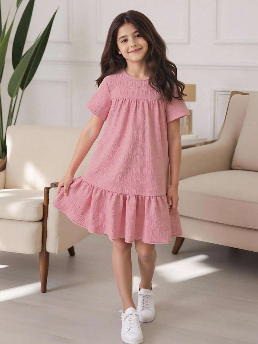 SHEIN Tween Girl Pink Textured Fabric Comfortable Casual Loose Vacation Dress,Holiday Summer Travel Summer Holiday