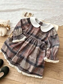 SHEIN 1 pieza Vestido de niña a cuadros vintage con ribete de encaje, tela gruesa, adecuado para uso diario en otoño/invierno - Marrón Chocolate - Ver 6