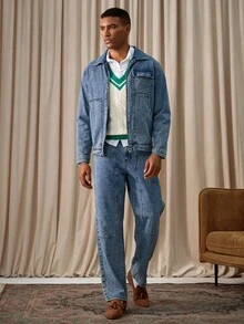 Manfinity Homme Men Street Style Washed Blue Denim Jacket & Jeans, Spring/Summer Western Business Casual Acid Washed Blue For Rave, Fall Clothes