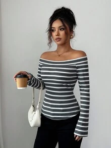 Elenzga 25-30+ 罗纹露肩长袖优雅女士T恤，休闲秋季 - 黑色 - 查看 5