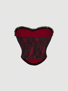 SHEIN MOD Áo corset buộc dây ren màu tương phản phong cách ma cà rồng gợi cảm cho nữ, trang phục mùa thu cho nữ, trang phục mùa đông, trang phục Halloween, váy đồng quê cho nữ, áo đi chơi, thập niên 90, phong cách Goth, áo đi chơi - Đỏ và đen - Xem 2