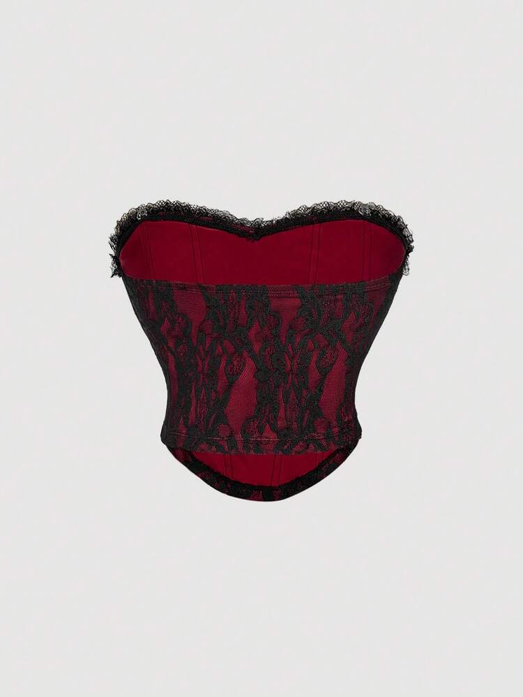 SHEIN MOD 女式蕾丝抹胸系带撞色性感吸血鬼风格紧身胸衣上衣、女式秋装、冬装、万圣节服装、女式乡村连衣裙、外出上衣、90 年代、哥特、外出上衣 - 紅色和黑色 - 查看 2