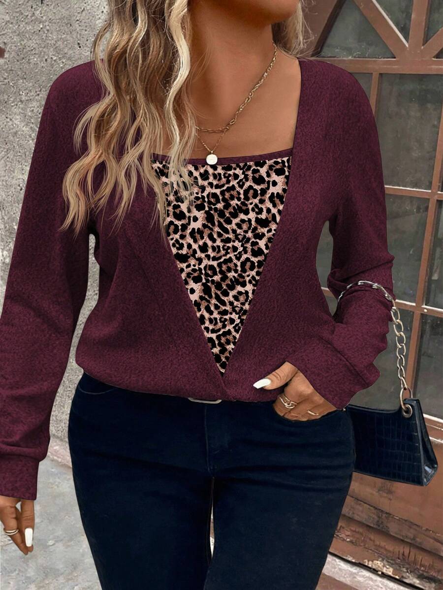 EMERY ROSE Women's Casual Leopard Print Long Sleeve Plus Size Sweatshirt, Popular For Autumn/Winter