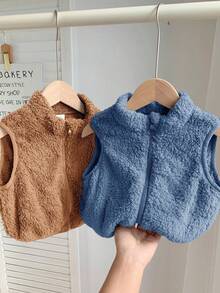 SHEIN 2pcs Baby Boy/Girl Cute Solid Color Fluffy Vest Jacket Set, Autumn/Winter Fall