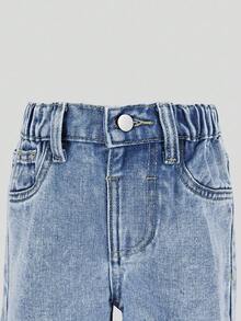 SHEIN Playful Pals Kleine Mädchen Leichte blaue süße rosa Schleife Muster Elastische Taille Lässig Weite Bein Verwaschen Jeans Hose