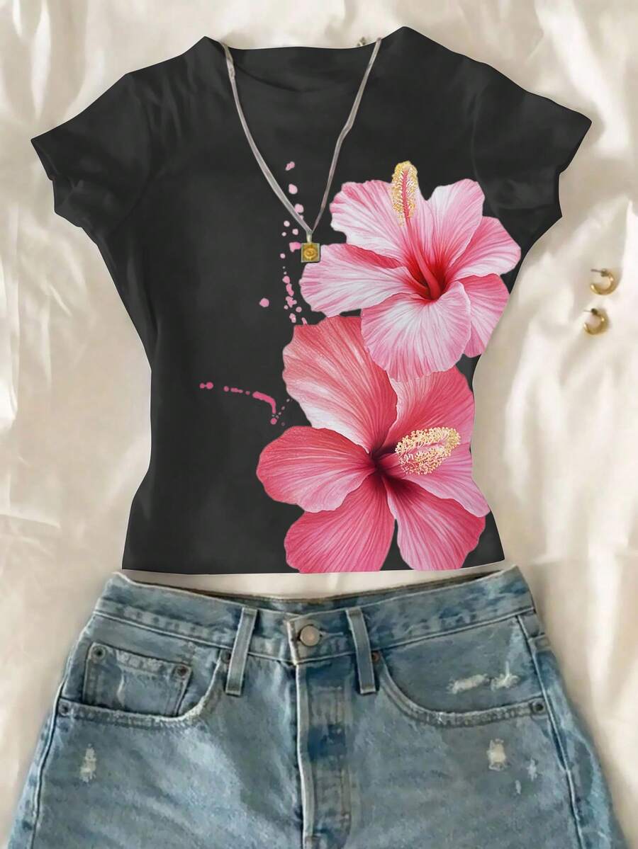 Sparklyn 青少年女孩休闲花卉印花短袖修身短款 T 恤，夏季 - 黑色 - 查看 1