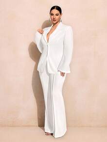 SHEIN SXY 秋冬大码女式纯色翻领长袖夹克和喇叭裤优雅套装 - 白色 - View 6