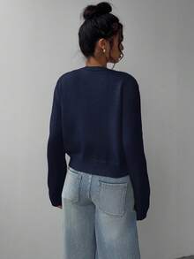 SHEIN BASICS Casual Solid Color Round Neck Long Sleeve Loose Cropped Women Sweater Cardigan In Fall/Winter - Navy Blue - View 2