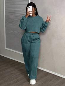 Slaydiva 春夏新款音乐节,复活节,纳什维尔,生日派对,毕业季,学生装,日常休闲,百搭百搭,休闲,度假,邮轮旅行,海滩,日光浴,休闲街头风,雪花印花,宽松运动服,2件套 - 墨綠色 - 查看 5