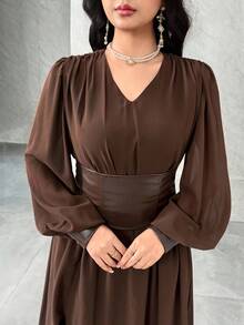 Feyla Women's Solid Color Minimalist V-Neck Long Sleeve Dress, Everyday Wear