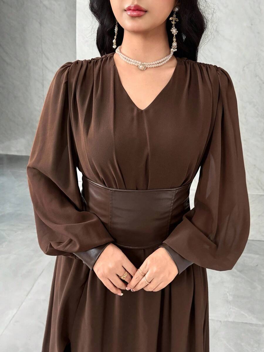 Feyla Women's Solid Color Minimalist V-Neck Long Sleeve Dress, Everyday Wear