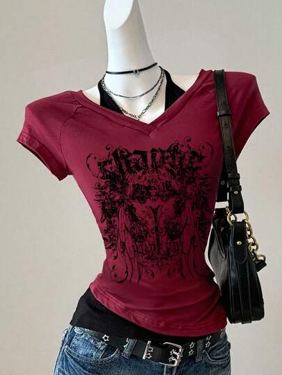  Attitoon Women's Casual Retro V-Neck Halter Tie-Up Contrast Color Short Sleeve T-Shirt. Perfect For Summer And Vintage Styles, Featuring Halloween Cross Skeleton And Wing Prints. Suitable For Y2K, Grunge, Gothic Cybersigilism, Punk, And Aesthetic Styles. Ideal For Back To School, Homecoming, Club Outfits, Parties, Summer Outings, Hip-Hop, Gyaru Fashion, And Halloween Graphic Tees. Gothic Top Burgundy Tops For Women V-Neck Tee Dark Red Top