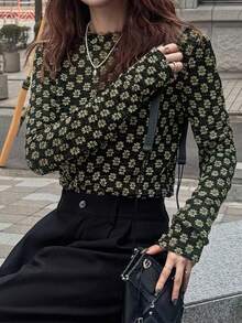 FRIFUL Women's Round Neck Contrast Color Frill Trim Fitted Textured Fabric T-Shirt, Suitable For Halloween Costume Fall Tops Long Sleeve Top - Black - View 3