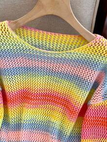 GlowEve Women's Casual Colorful Striped Hollow-Out Knit Sweater, Spring/Autumn - Butter Yellow - View 7