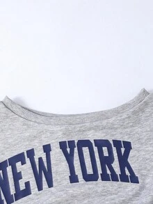 Conjunto de sudadera y pantalón de chándal con estampado de letras y cuello asimétrico para niña preadolescente - Gris - View 6