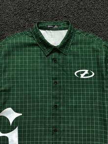 AXEPEAK 男士宽松英文字母和格子印花短袖绿色梭织衬衫，校园，街头风格 - 綠色 - 查看 6