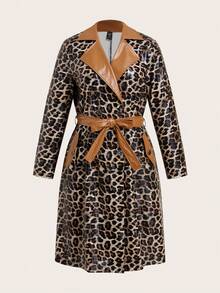Ellevyn Abrigo para mujer talla grande, elegante abrigo de cuero sintético con estampado de leopardo y cuello de color contrastante, abrigo midi con cinturón para otoño e invierno para mujeres - Multicolor - Ver 7