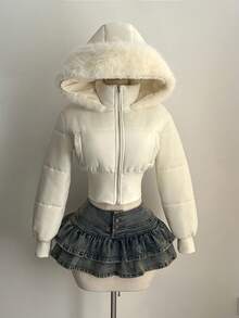 Elamini 女士时尚杏色复古拼接短款皮草连帽束腰立领长袖短款棉服外套，适合秋冬季 - 杏色 - 查看 4