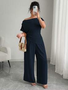 Elenzga Femei Plus Size Casual Culoare Solidă Țesute Oblique Umăr Plisat Talie Asimetrică Tiv Mânecă Scurt Pantaloni Drepți Set 2 Piese - Albastru regal - Vizualizare 5