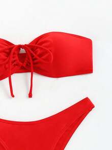 Swim Basics 2pcs Women's Summer Beach Vacation Solid Red Tie Front Bandeau Bikini Set, Separates Swimwear - Red - View 3