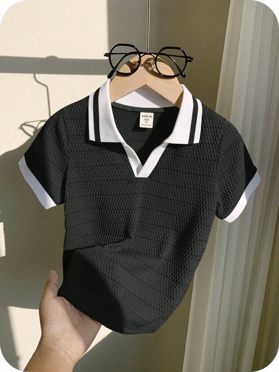 年轻男孩运动休闲拼色短袖 Polo 衫,带装饰细节,适合通勤、上学、日常休闲、度假、旅行、适合运动、适合儿童、男生学校、家庭搭配、生日派对、适合日常、适合上学、适合运动、春夏季 - 黑色 - 查看 1