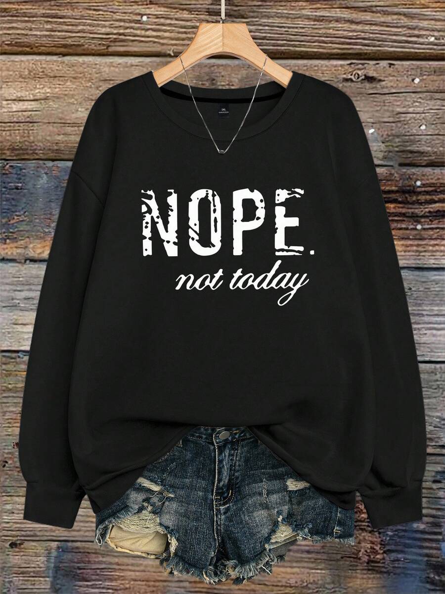 EMERY ROSE Plus-Size Women's Casual Winter Sweatshirt With Letter Print "NOPE Not Today" Pattern Fall Cloth For Women Autumn - Black - View 1